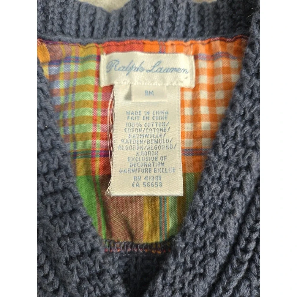 Ralph Lauren Baby Cardigan Sweater 9 Months Blue Cable Knit Expedition Patch Y2K